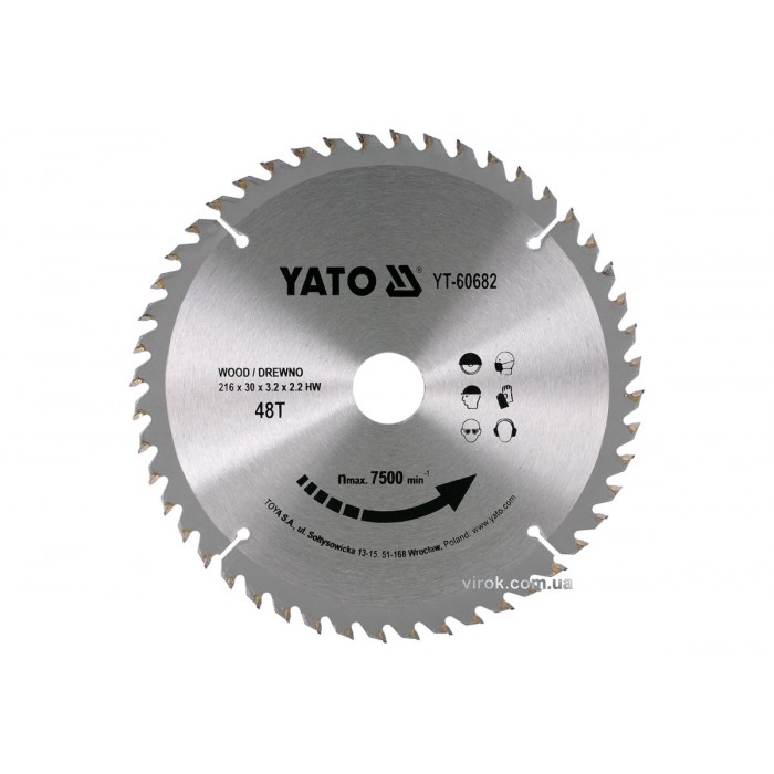 Диск пиляльний победітовий по дереву YATO: 216х30х3.2х2.2 мм, 48 зубців, R.P.M до 7500 1/хв [10/20]