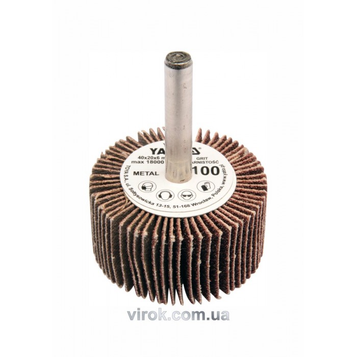 Круг пелюстковий шліфувальний YATO : подовжений Ø= 40 мм, К40, шпиндель Ø= 6 мм, H= 20 мм [10/60]