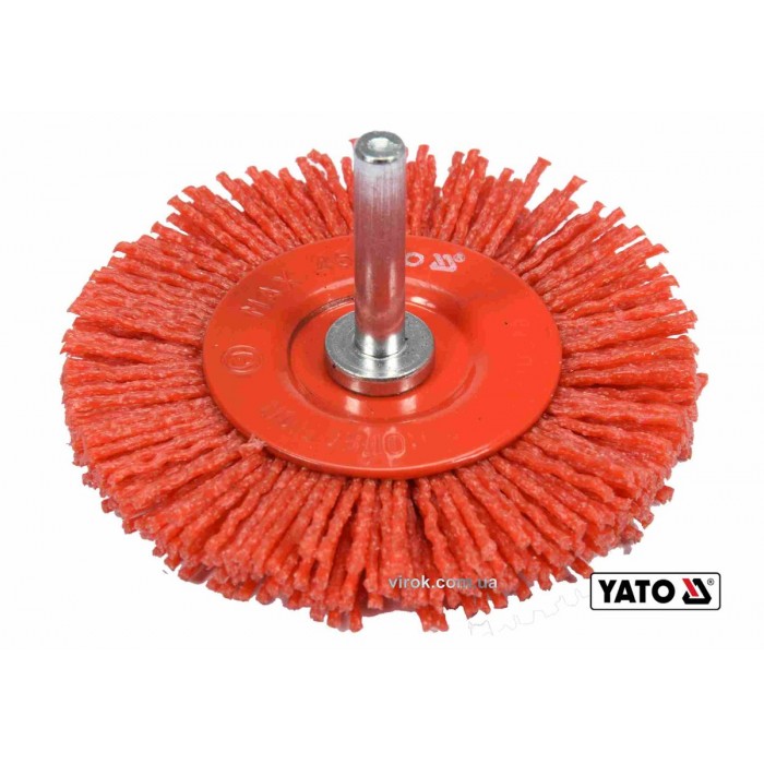 Щітка зачисна з нейлоновим ворсом, дискова до дрилі YATO : Ø=75 мм, зі шпинделем Ø=6 мм [10/120]