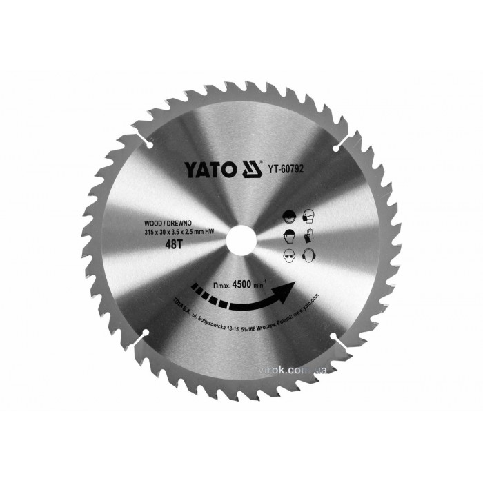 Диск пиляльний победітовий по дереву YATO: 315х30х3.5х2.5 мм, 48 зубців, R.P.M до 4500 1/хв [10]