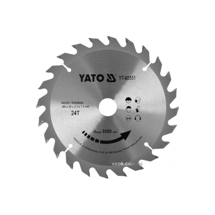 Диск пиляльний победітовий по дереву YATO: 160x20x2.2x1.5 мм, 24 зубці, R.P.M до 9500 1/хв(DW)