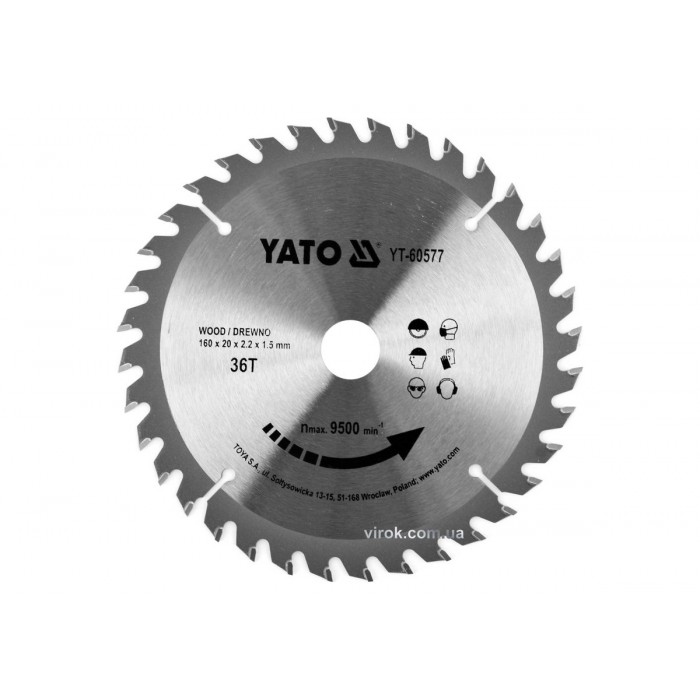 Диск пиляльний победітовий по дереву YATO: 160x20x2.2x1.5 мм, 36 зубців, R.P.M до 9500 1/хв [25/50]