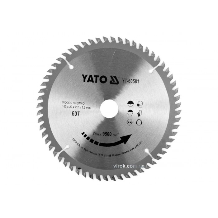Диск пиляльний победітовий по дереву YATO: 160x20x2.2x1.5 мм, 60 зубців, R.P.M до 9500 1/хв [25/50]
