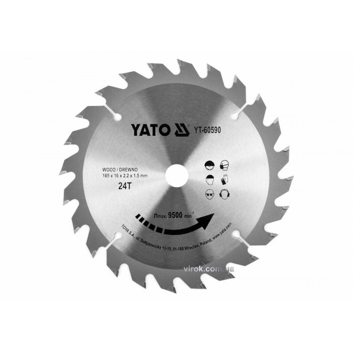 Диск пиляльний победітовий по дереву YATO: 165x16x2.2x1.5 мм, 24 зубці, R.P.M до 9500 1/хв [25/50]