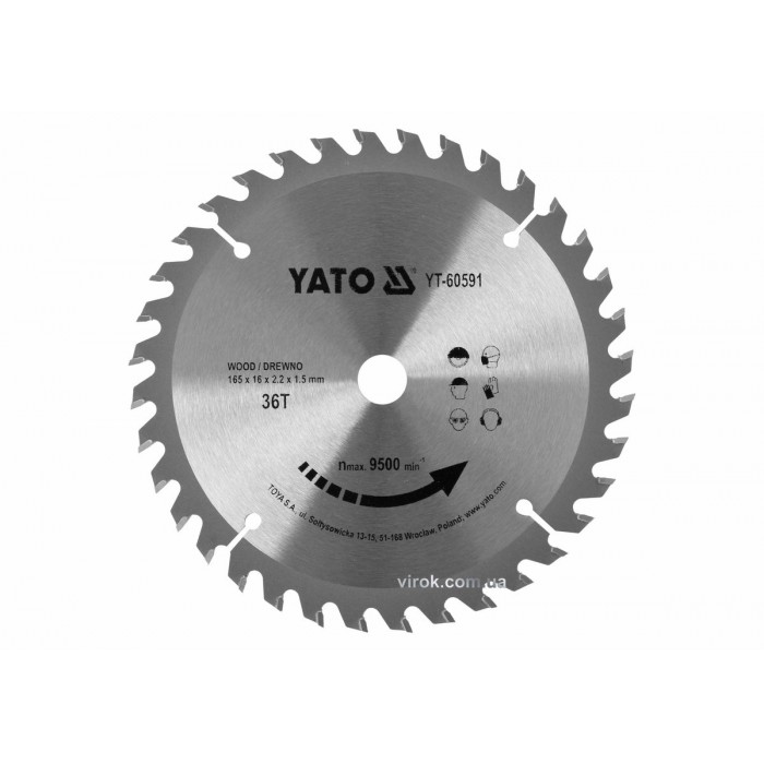 Диск пиляльний победітовий по дереву YATO: 165x16x2.2x1.5 мм, 36 зубців, R.P.M до 9500 1/хв [25/50]