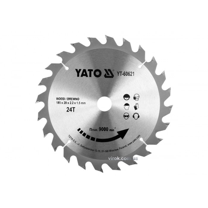 Диск пиляльний победітовий по дереву YATO: 185x20x2.2x1.5 мм, 24 зубці, R.P.M до 9500 1/хв [25/50]