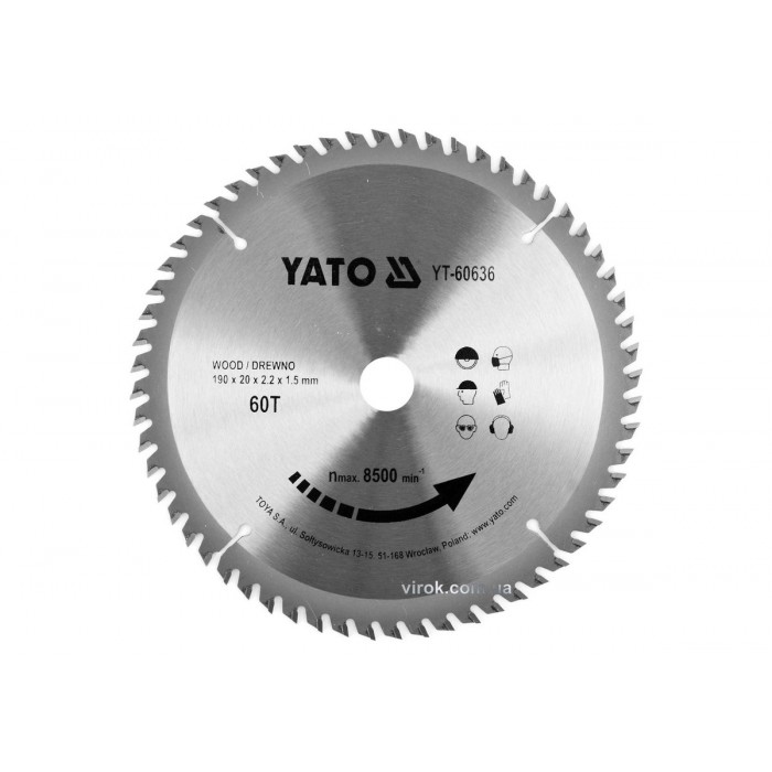 Диск пиляльний победітовий по дереву YATO: 190x20x2.2x1.5 мм, 60 зубців, R.P.M до 8500 1/хв [10/20]