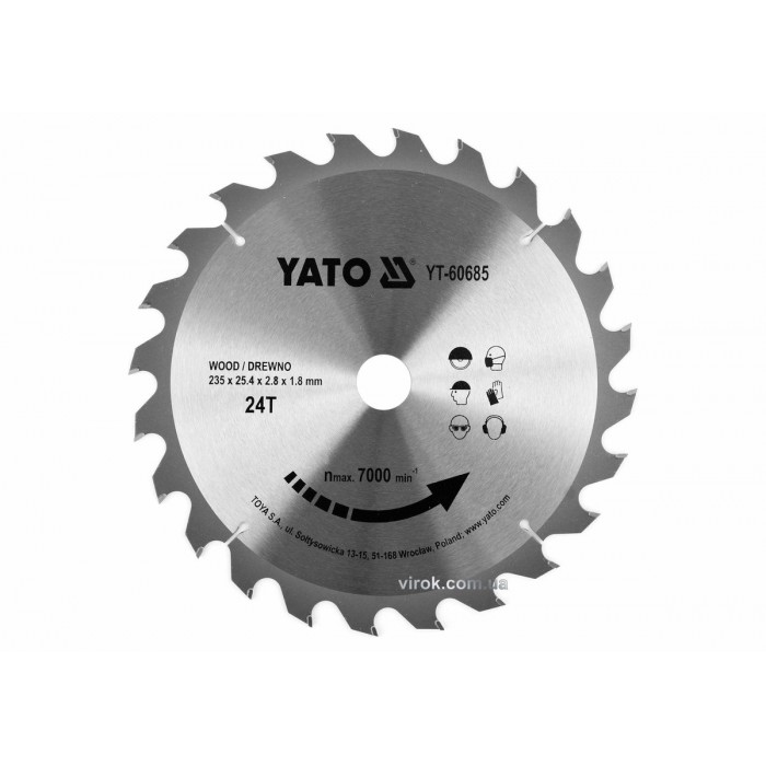 Диск пиляльний победітовий по дереву YATO: 235x25.4x2.8x1.8 мм, 24 зубці, R.P.M до 7000 1/хв [10/20]