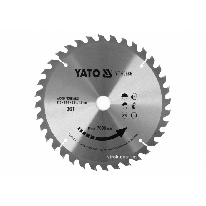 Диск пиляльний победітовий по дереву YATO: 235x25.4x2.8x1.8 мм, 36 зубців R.P.M до 7000 1/хв [10/20]