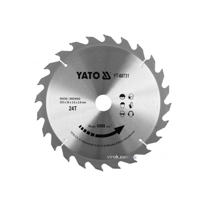 Диск пиляльний победітовий по дереву YATO: 255x30x3.0x2.0 мм, 24 зубці, R.P.M до 6000 1/хв [10/20]