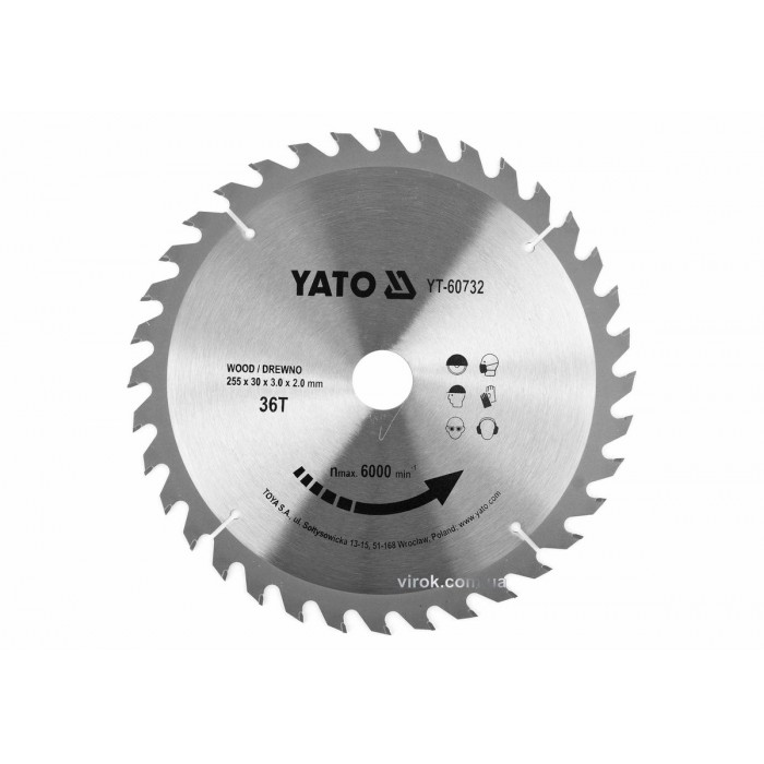 Диск пиляльний победітовий по дереву YATO: 255x30x3.0x2.0 мм, 36 зубців, R.P.M до 6000 1/хв [10/20]