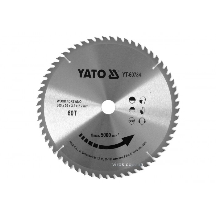 Диск пиляльний победітовий по дереву YATO: 305x30x3.2x2.2 мм, 60 зубців, R.P.M до 5000 1/хв [10]