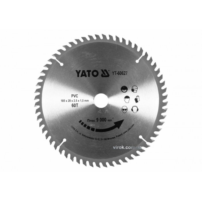 Диск пиляльний по ПВХ YATO: Ø=185х2.5x20 мм, 60 зубців, R.P.M до 9000 1/хв [25/50]