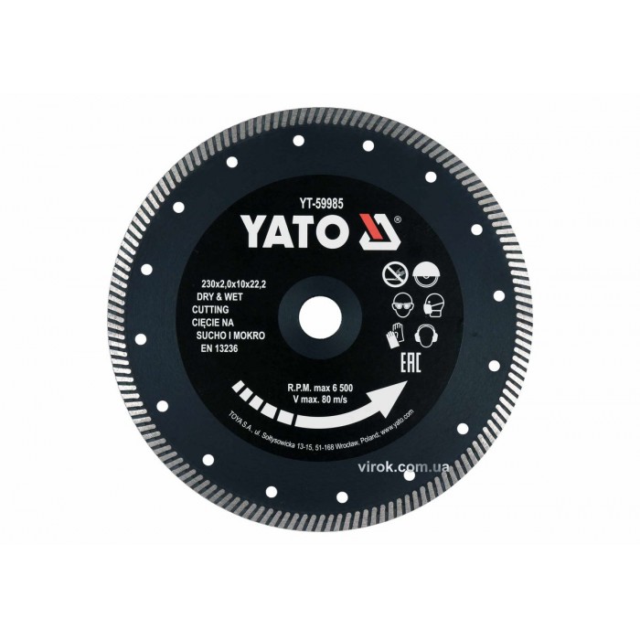 Диск відрізний алмазний по гресу, кераміці "TURBO" YATO Ø=230x2x10x22.2 мм,в мокр.і сух. режимі [25]