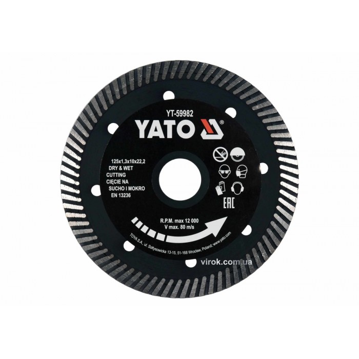 Диск відрізний алмазний по гресу,кераміці "TURBO" YATO Ø=125x1.3x10x22.2мм,в мокрому і сухому режимі