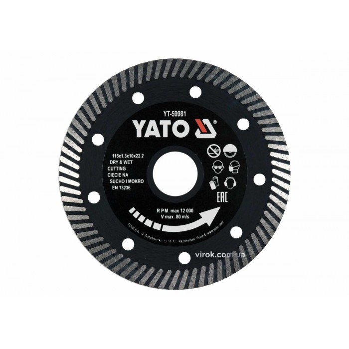 Диск відрізний алмазний по гресу,кераміці "TURBO" YATO Ø=115x1.3x10x22.2мм,в мокрому і сухому режимі