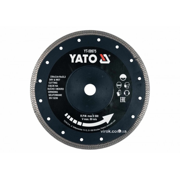 Диск відрізний алмазний по гресу, склу, кераміці YATO Ø=230x2x10x22.2 мм, в мокрому і сухому режимі