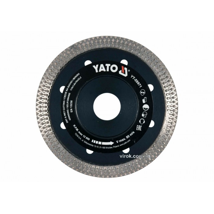 Диск відрізний алмазний по гресу, склу, кераміці YATO Ø=115x1.6x10x22.2 мм,в мокрому і сухому режимі