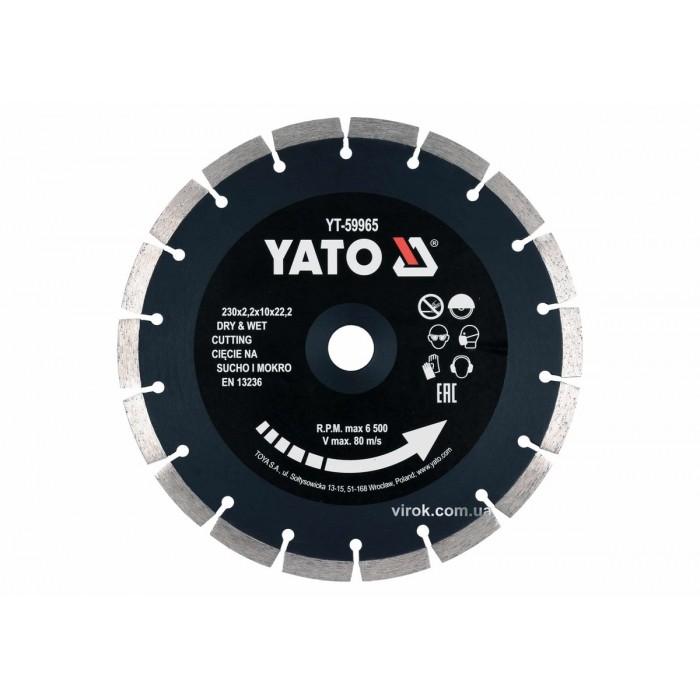 Диск відрізний алмазний по каменю і бетону YATO Ø=230x2.2x10x22.2 мм, в мокрому і сухому режимі [25]