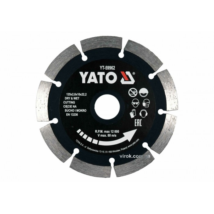 Диск відрізний алмазний по каменю і бетону YATO Ø=125x2x10x22.2 мм, в мокрому і сухому режимі [20]