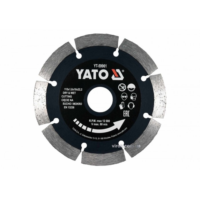 Диск відрізний алмазний по каменю і бетону YATO Ø=115x1.8x10x22.2 мм, в мокрому і сухому режимі [20]