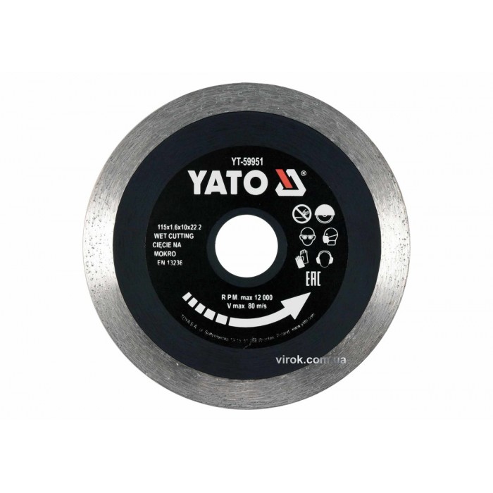 Диск відрізний алмазний по гресу, склу, кераміці YATO Ø=115х1.6х10х22.2 мм,в мокрому режимі [20/200]