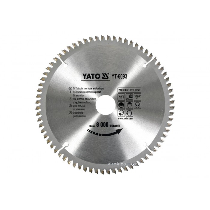 Диск пиляльний по алюмінію YATO, 210х30х3.0x2.2 мм, 72 зубці, R.P.M до 8000 1/хв [10/20]