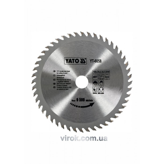 Диск пиляльний победітовий по дереву YATO: 160x20x2.8x2.0 мм, 48 зубців, R.P.M до 9500 1/хв [25/50]