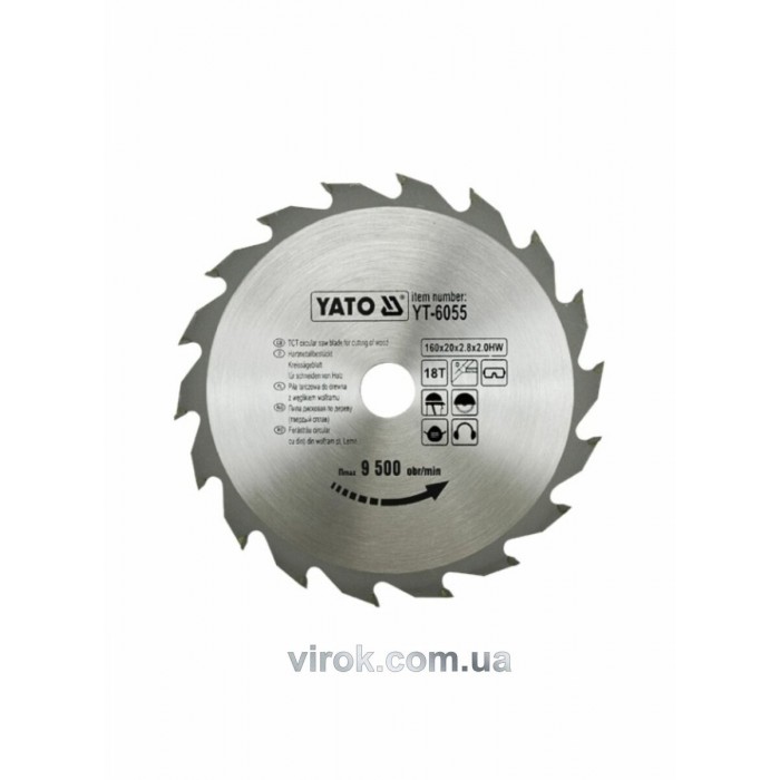 Диск пиляльний победітовий по дереву YATO: 160х20х2.8х2.0 мм, 18 зубців, R.P.M до 9500 1/хв [25/50]