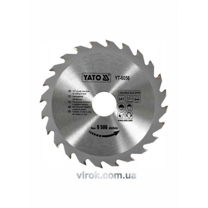 Диск пиляльний победітовий по дереву YATO: 160х30х2.8х2.0 мм, 24 зубці, R.P.M до 9500 1/хв [25/50]