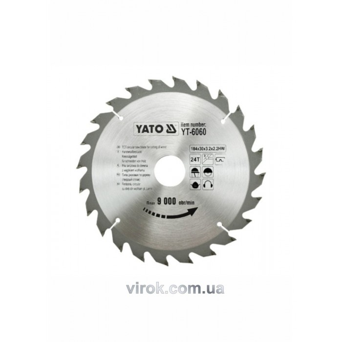 Диск пиляльний победітовий по дереву YATO: 184х30х3.2х2.2 мм, 24 зубці, R.P.M до 9000 1/хв [25/50]