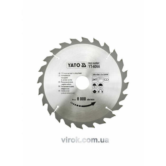 Диск пиляльний победітовий по дереву YATO: 205х18х3.2x2.0 мм, 24 зубці, R.P.M. до 6000 1/хв [10/20]