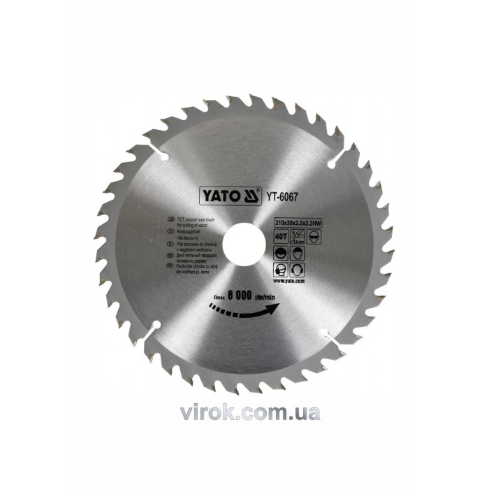 Диск пиляльний победітовий по дереву YATO: 210х30x3.2x2.2 мм, 40 зубців, R.P.M до 8000 1/хв [10/20]