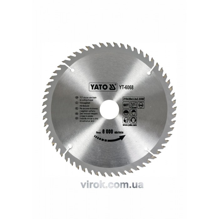 Диск пиляльний победітовий по дереву YATO: 210х30x3.2x2.2 мм, 60 зубців, R.P.M. до 8000 1/хв [10/20]