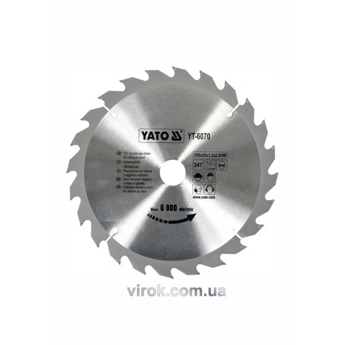 Диск пиляльний победітовий по дереву YATO: 250х30х3.2х2.2 мм, 24 зубці, R.P.M до 6000 1/хв [10/20]