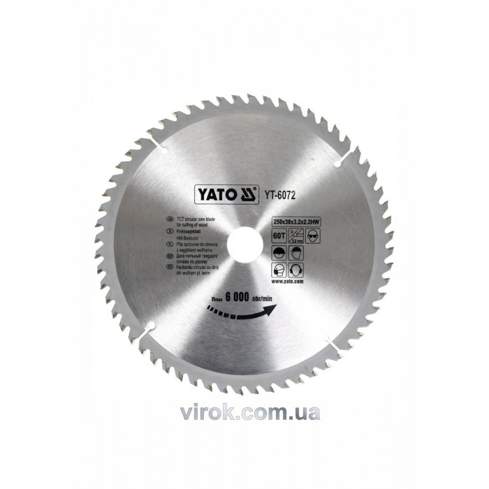 Диск пиляльний победітовий по дереву YATO: 250х30х3.2х2.2 мм, 60 зубців, R.P.M до 6000 1/хв [10/20]