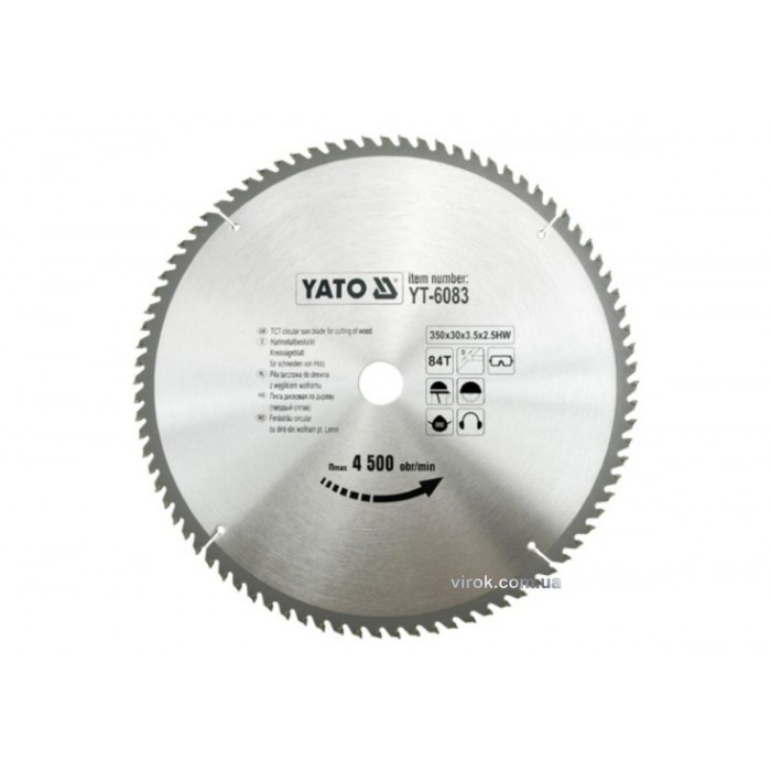 Диск пиляльний победітовий по дереву YATO: 350х30х3.5х2.5 мм, 84 зубці, R.P.M до 4500 1/хв [10]