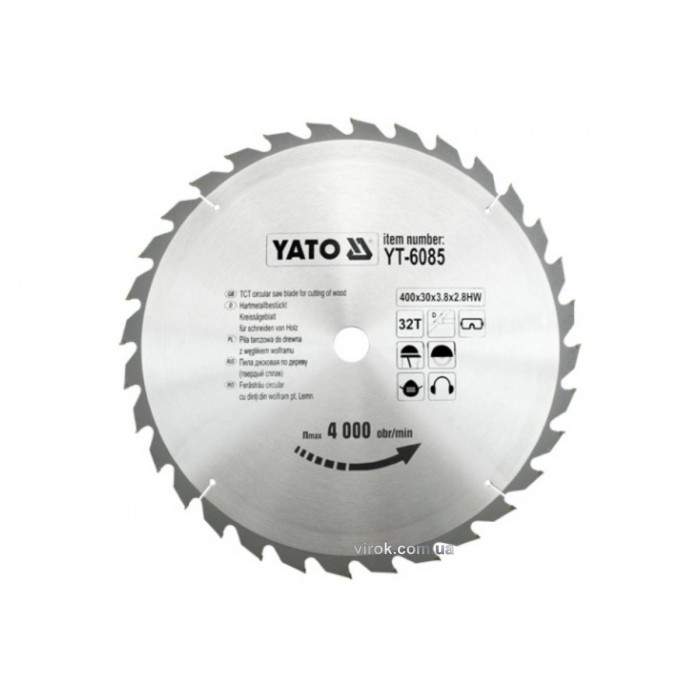 Диск пиляльний победітовий по дереву YATO: 400х30x3.8x2.8 мм, 32 зубці, R.P.M до 4000 1/хв [10]