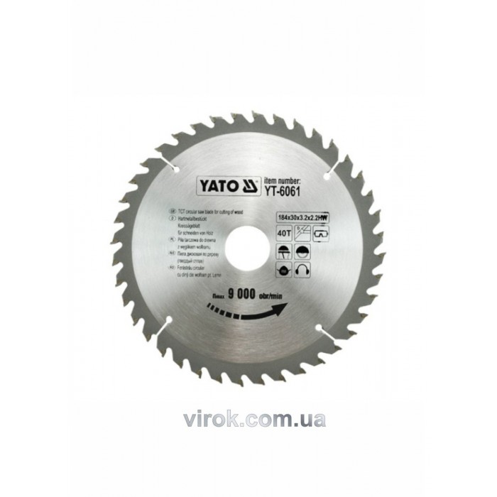 Диск пиляльний победітовий по дереву YATO: 184х30х3.2х2.2 мм, 40 зубців, R.P.M до 9000 1/хв [25/50]
