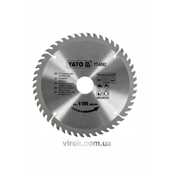 Диск пиляльний победітовий по дереву YATO: 184х30х3.2х2.2 мм, 50 зубців, R.P.M до 9000 1/хв [25/50]
