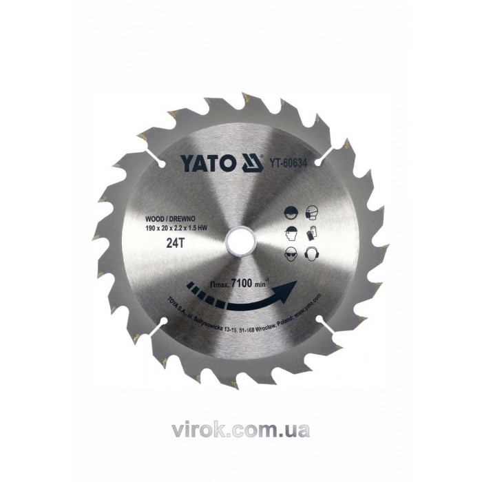Диск пиляльний победітовий по дереву YATO: 190х20x2.2x1.5 мм, 24 зубці, R.P.M. до 7100 1/хв [10]