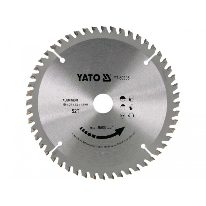 Диск пиляльний по алюмінію YATO, Ø= 160/20 мм, 52 зубці, t= 1,5 мм [25/50]
