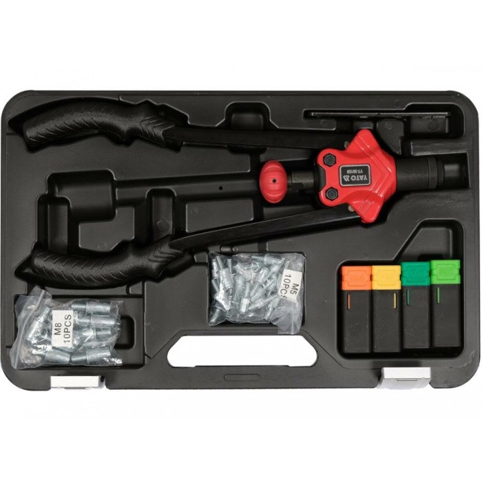 Заклепочник дворучн YATO для гвинтов заклепок М4- М8; l= 360мм з головками і заклепк 4 по 10шт, 46ел