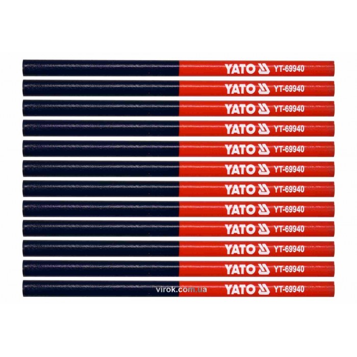 Олівці столярні двоколірні YATO : L= 175 мм, стержень 4 x 2 мм, синьо-червоні, уп. 12 шт [120]