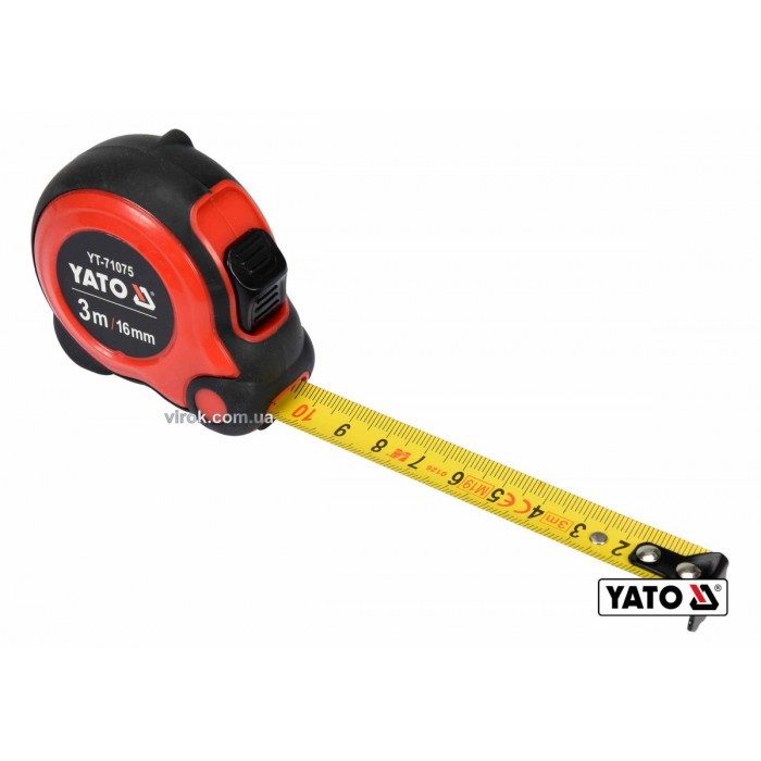 Рулетка YATO : L=3м x16мм, з сталевою стрічкою, нейлоновим покриттям, подвійним блокуванням [12/120]
