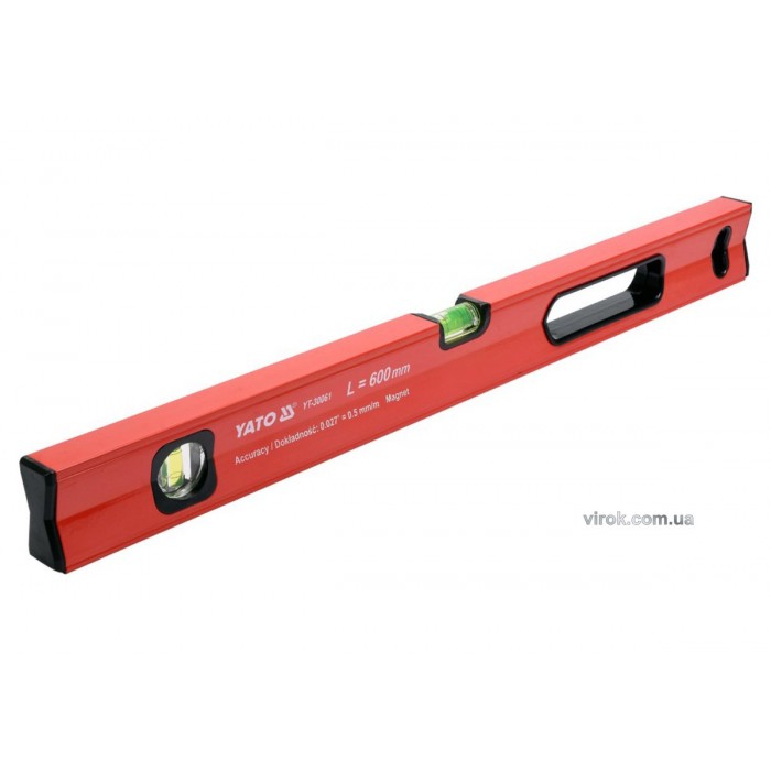 Рівень алюмінієвий з магнітом YATO : L= 60 см. 2 капсули, 1 ручка [10/40/480]