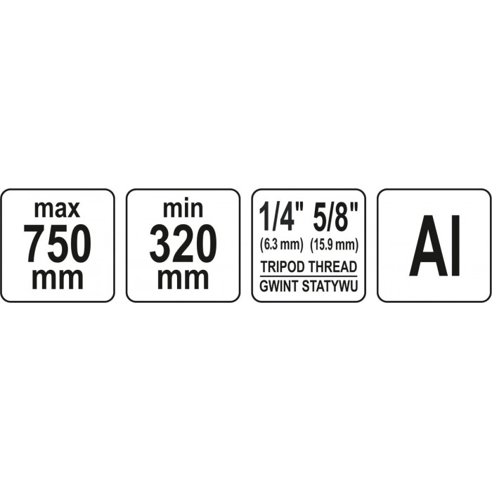 Штатив тринога YATO телескоп (3 секціі) . кріплення 5/8", з штангою 14 cм. H= 32-75 cм. алюмінієвий