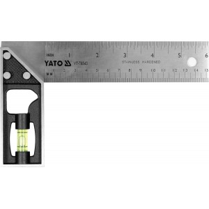 Кутник слюсара з нержавіючої сталі YATO: 90° з метричною шкалою і рівневою капсулою, 150 мм [6/48]