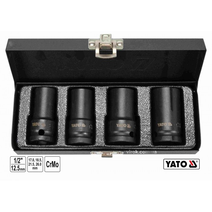 Торцеві головки ударні для зриву гвинтів YATO: квадрат-1/2", L=55мм; М17, 18.5, 21.5, 26 мм, 4шт[10]