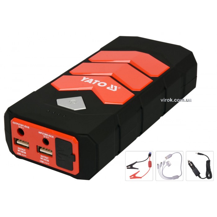 Пускова батарея Li-Pol YATO ємність 9 АГ, 200/400 А, вихід: 12 В, 3,5 А, через USB: 5В, 2А [10]